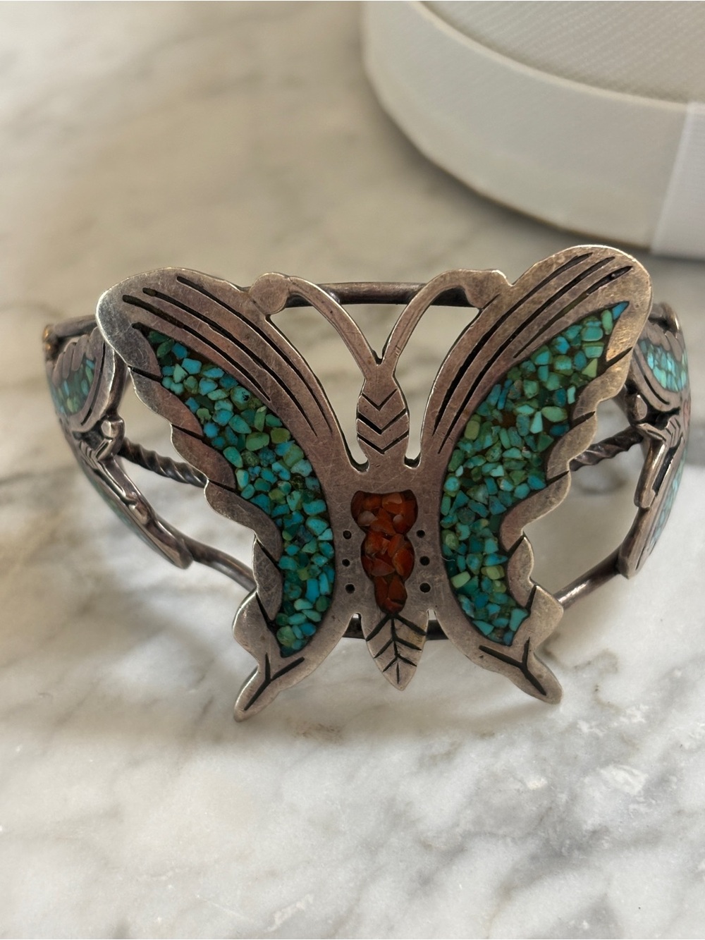 Sterling Silver Butterfly Inlay Cuff Bracelet in Turquoise and Brown